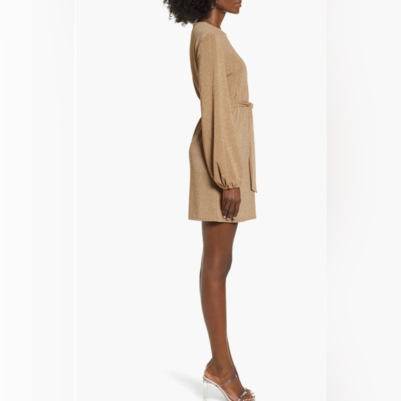 Leith Sparkle Tie Waist Long Sleeve Mini Dress in Tan - Picture 3 of 12